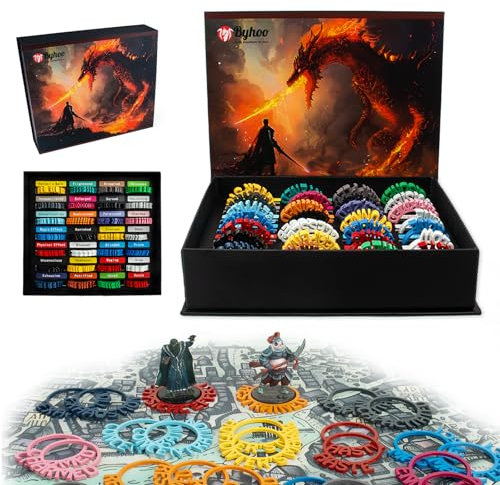 Byhoo Metall DND Zustandsringe 112 PCS in 28 Markern, DND Miniaturen Status Effekt Ringe mit Aufbewahrungsbox, Ausgezeichnetes Geschenk für Dungeon und Dragons und TTRPG Fans