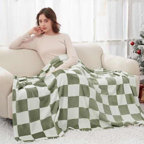 Viviland Karierte Überwurfdecke, salbeigrün, Mikrofaser, weich, gemütlich, flauschig, warm, Überwurfdecken für Couch, Sofa, Stuhl, Bett, Camping, Picknick, Reisen, leichte Bettdecke, 127 x 152,4 cm