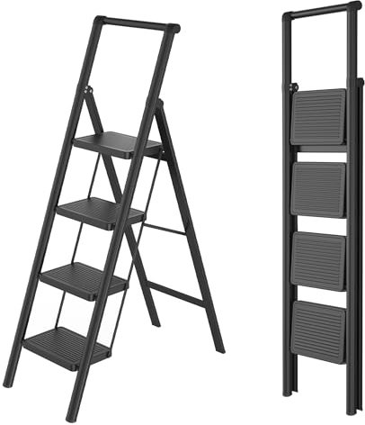 Aufun Scala pieghevole a 4 gradini, con ampio pedale antiscivolo, con corrimano, scala domestica, multifunzione, portata fino a 270 kg, scaletta per gradini per casa, ufficio, colore nero