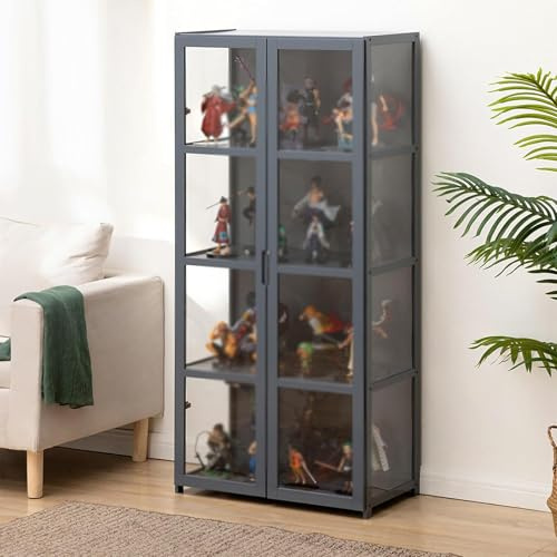 Hynbdes Acryl-Vitrine mit Doppeltür, Wohnzimmer-Vitrine, Harte Textur, versiegelt und staubdicht (4 Schichten, Grau, 62 x 33 x 130, DREI transparente Seiten)