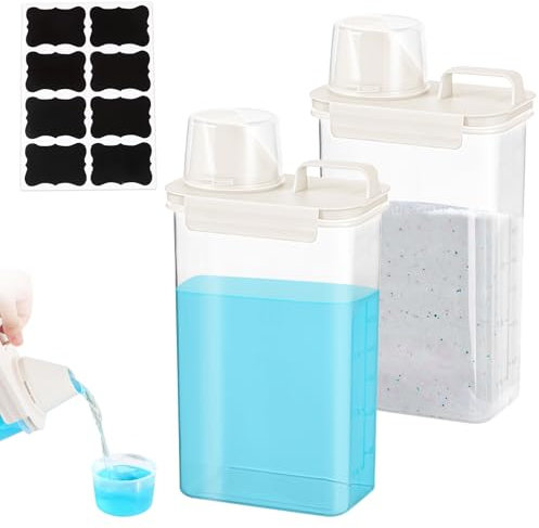 Doseur Lessive Liquide 2 Pièces, 2500ml Boite Lessive avec Gobelet Doseur, Distributeur Lessive étanche à l'air, Distributeur Lessive Liquide pour Lessive, Perles de Gel de Lessive et Céréales