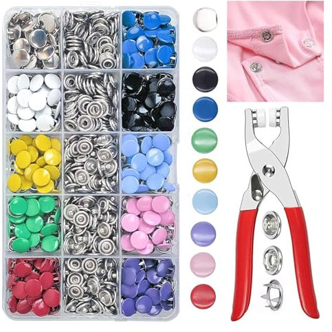 Home-X Snap Button Fastener Kit, 200 Sets 10 Colors 9.5mm Press Stud Tool Kit with Fastener Pliers, Press Studs Metal Snap Fasteners No Sewing, Poppers Fasteners Kit for Clothing,Bags,DIY Crafts