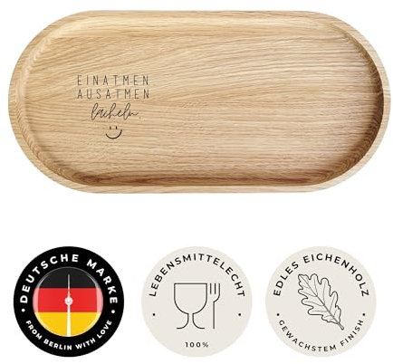 HerzHolzPapier®・Graviertes Holztablett 'EINATMEN AUSATMEN LÄCHELN' aus Eichenholz・Lebensmittelecht・Gewachst・rutschfeste Füße・20 x 10 x 1,5 cm | Dekotablett・Geschenk für Freunde | KANU-20