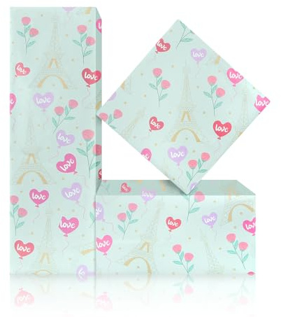 Geschenkpapier mit Eiffeltuch, Rosenherz, romantisches französisches Paris-Themen-Geschenkpapier, 4 Blatt gefaltetes flaches Papier für Hochzeit, Brautpartys, Valentinstag, Urlaub, Geburtstag und mehr