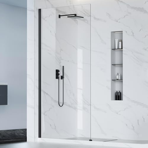 Bathbliss 36 W × 76 H Shower Screen, 5/16(8mm) Thick Clear Tempered Glass Door, Matte Black Bathroom Frameless Fixed Shower Glass Panel, Reversible Installation Bathroom Screen Panel for Walk in