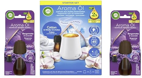Air Wick Aroma-Öl Diffuser Starter-Set inklusive 1 Gerät, 1x20ml Cotton & Weiße Orchidee & 2x20ml Bergamotte & Lavendel Nachfüller