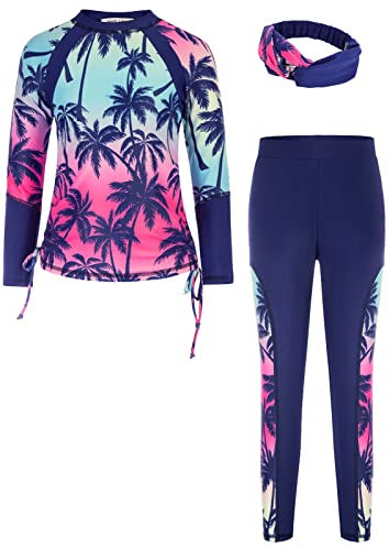 GRACE KARIN Mädchen Rashguard-Set Langarm Sonnenschutz Badeanzug 2-teilig Sommer Swimwear Top Hose Strandkleidung Farbverlaufsbaum 10-12 Jahre