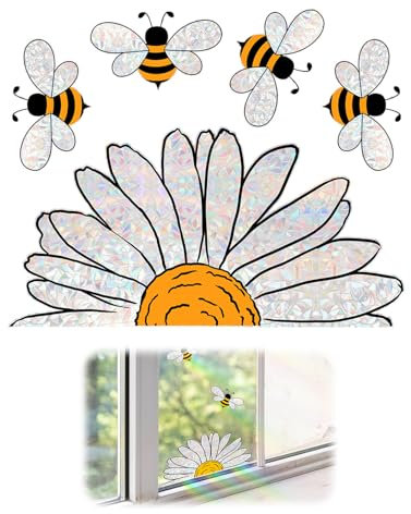 Fensterbilder Frühling Kinder 5 Stück Suncatcher Sticker Bienen und Sonnenblumen Fenstersticker Fensterbilder Blumen Selbstklebend für Mädchen Junge Kinderzimmer