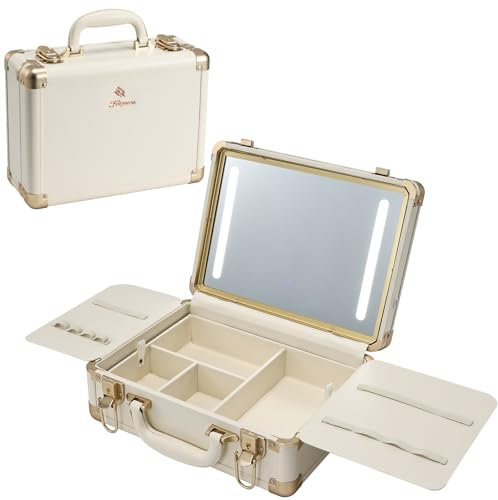 Makeup Case with Light Up Mirror 3 Color Setting, Lighted Vanity Case Organiser Storage Suitcase, Travel Beauty Box with Light and Detachable Trays for Make up Tools Storage - White Leather