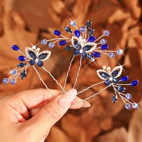IYOU Épingles à Cheveux Mariage Baroque Pièce de Cheveux Mariée Cristal Bleu Marine Pinces à cheveux Papillon Strass Accessoires Cheveux Invité Demoiselle D'honneur pour Femmes(3 Pièces)