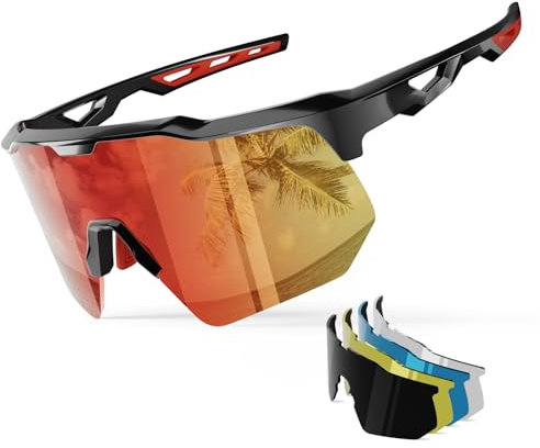 HAAYOT Sonnenbrille-Sportbrille Schnelle-Brille Polarisierte-Fahrradbrille Herren-Damen-Sportbrille, 5-auschbare-Gläser, 99%-UV-Schutz, leichte-TR90-Brille-für Radsport,Schwarz & Rot