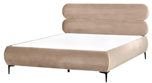 Beliani Classic Minimalist EU King Size Velvet Bed Frame 5ft3 Wingback Headboard Black Metal Legs Bedroom Taupe Lessay