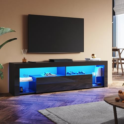 SUNXURY TV Board 180cm Modern TV Schrank mit Glasböden 180 x 35 x 50,5 cm Viet Stauraum, TV lowboard mit Schranktüren Schwarz Hochglanz