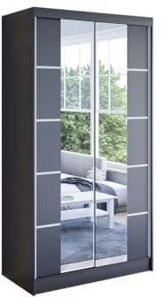 Easy4You ROMA Schwebetürenschrank 100 cm Schwarz mit Spiegel Breiten 100/120/150 cm Möbel für Schlafzimmer Wohnzimmer Kleiderschrank mit Kleiderstange