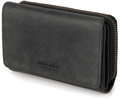 Berliner Bags Geldbörse Damen Vienna Vintage, Groß Geldbeutel - Dunkelgrau | Portmonee groß aus Echtleder, 19 Kartenfächer, TÜV-geprüfter RFID-Schutz, YKK-Reißverschluss, Geschenkbox für Damen