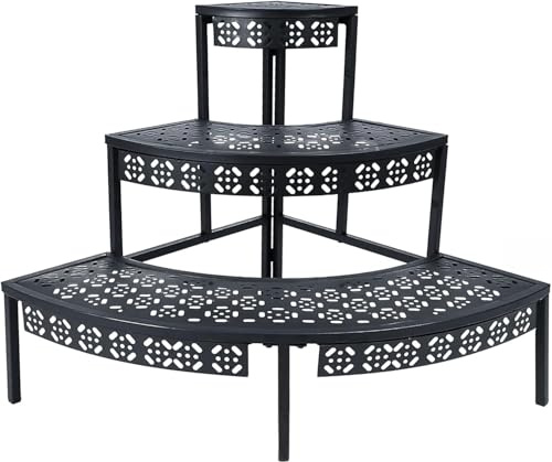 Plant Stand Indoor, 3 Tier Metal Plant Shelf, Quarter Round Metal Plant Rack, Heavy Duty Flower Rack, 3 Tier Corner Plant Shelf, Ladder Plant Holder for Living Room Balcony Garden Patio Corner, Black