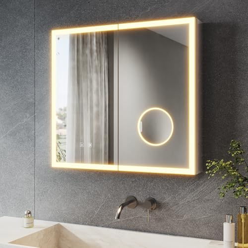 SONNI LED Spiegelschrank Bad 65x60 cm mit Steckdose & 3X Vergrößerung | Für Einbau & Aufbau. Touch, 3 Lichtfarben dimmbar, Anti-Beschlag. Aluminium, IP44. Perfekt für die Badrenovierung