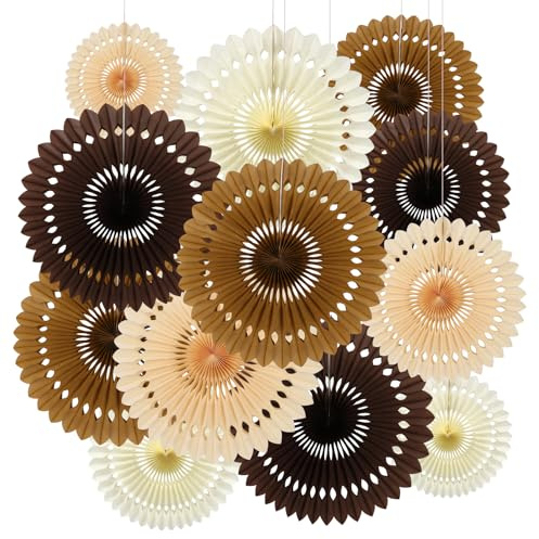 BestoFun 12 Stück Papier Fächer Set Beige Braun Party Deko Neutral Papier Fächer Dekoration für Gartenparty Kinder Geburtstagsdeko Hochzeit Baby Shower