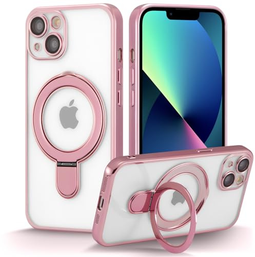 ZCDAYE Magnetic Case for iPhone 15 Plus with Invisible Stand, Rose Gold | Compatible with Magsafe, Men Women Transparent Clear Phone Case, Rotating Ring holder, Camera Protection Protective Cases
