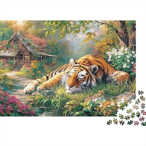 Tiger in Garden Jigsaw Puzzle Sleeping Tiger - Cottage Garden 1000Pc Recycled Paper for Adults Jigsaws Fun Difficult Hard Challenge Educational Game Family Home Activity Decompression Great Gift Idea