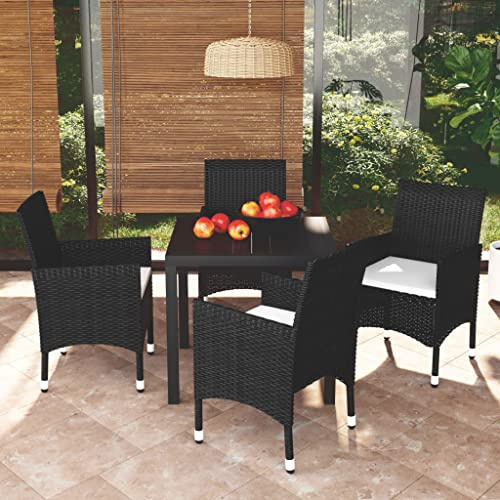PTUGUOF 5-TLG. Garten-Essgruppe mit Kissen Poly Rattan Schwarz, Esstischgruppe Balkon mit WPC-Tischplatte und Stahlrahmen, Gartenmöbel Set Rattan für Terrasse, dick gepolsterte