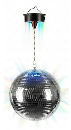 Relaxdays Discokugel, rotierend, Ø 30 cm, Silber | Spiegelkugel mit Motor & LED Lichteffekten, batteriebetrieben, Party
