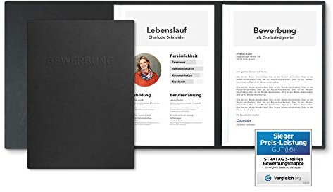 3 Stück 3-teilige Bewerbungsmappen Schwarz mit 2 Klemmschienen in feinster Lederstruktur