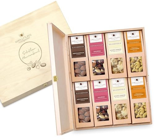 WELLNUSS Herrenabend Geschenkset – 8 Premium Snacks in edler Birkenholzbox – exklusive Nuss- & Schokoladenmischungen – Geschenkidee für Männer, Papa, – Geburtstag, Vatertag (4 x 60-70 g)