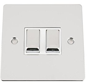 Light Switch Double 2 Gang - Polished Chrome Flat - White Insert - Metal Rocker Switch - 10 Amp 2 Gang 2 Way