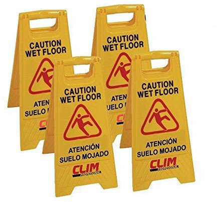 Clim Profesional 4 Señales de Advertencia de Pavimento Mojado en Color Amarillo Alta Visibilidad con Pictograma Doble Cara en Inglés y Español. Medidas 63 cm de Alto 30 cm de Ancho.