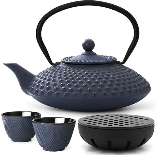 Teekanne asiatisch Gusseisen Set blau 1.25 Liter Teekessel mit Henkel & Edelstahl Tee-Filter Sieb-Einsatz & Stövchen inkl. Teebecher