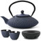 Bredemeijer Teekanne asiatisch Gusseisen Set blau 1.25 Liter Teekessel mit Henkel & Edelstahl Tee-Filter Sieb-Einsatz & Stövchen inkl. Teebecher