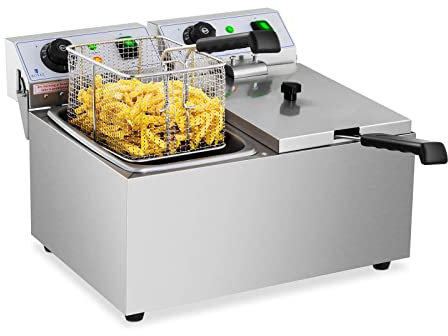 Royal Catering Friggitrice Professionale Friggitrice Elettrica Doppia RCEF 08DB (2 x 3.200 W, 2 x 8 L, Intervallo di temperatura: 50-200 °C, Zona fredda, Con coperchio)