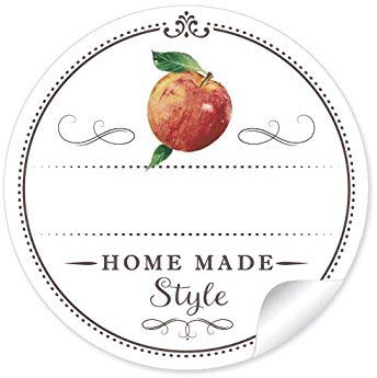 48 STICKER: Home Made Style Schöne Etiketten für Apfelmus in weiß mit einem Apfel und mit Freitextfeld • Papieraufkleber 4 cm, rund, matt für Gastgeschenke, Einmachgläser, Apfelmusglas