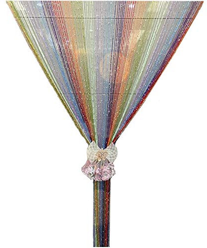 Duosuny 110 x 110 Inch Door String Curtain Rare Flat Silver Ribbon Thread Fringe Window Panel Room Divider Cute Strip Tassel for Wedding Coffee House Restaurant Party Parts