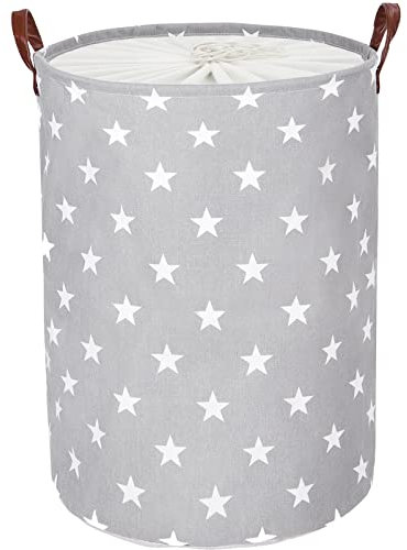 DOKEHOM 24-Inches Freestanding Laundry Basket with Lid, Collapsible Extra Large Drawstring Clothes Hamper Storage with Handle (Grey Star, XL)