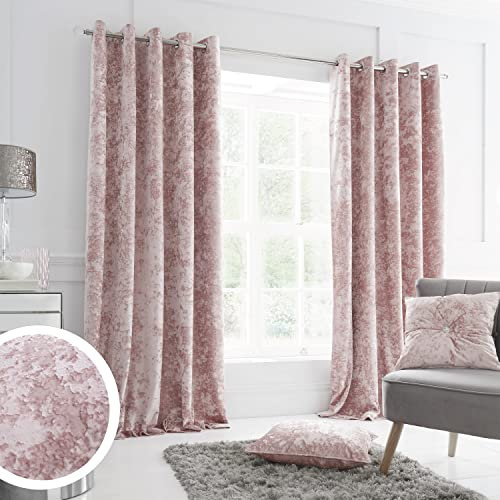 Catherine Lansfield Crushed Velvet 66x54 Inch Lined Eyelet Curtains Two Panels Blush Pink