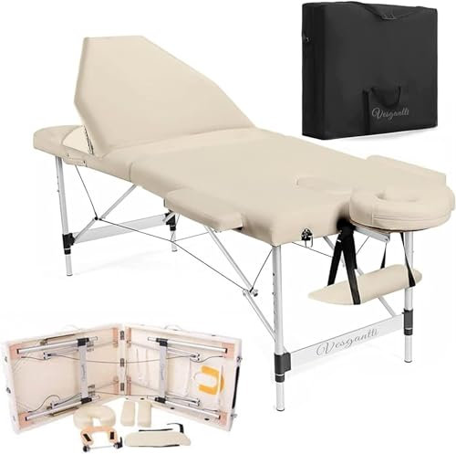 Vesgantti Table de Massage Pliante Professionnelle, Lit de Massage 3 Zones Aluminium, Table Esthetique Cosmetique Tatouage Portable, Hauteur Réglable avec Repose Bras - Beige