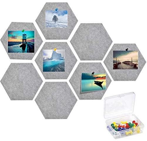 8Pcs Hexagon Pin Board, 7.8 * 6.8 Inches Self Adhesive Bulletin Board Wall Hexagonal Felt Board with 20Pcs Push Pins, Grey Pin Board for Bedrooms Wall, Hexagon Pin Boards for Home