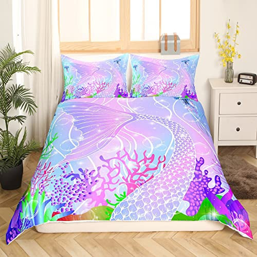 Sirène Bettbezug Ozean Meer Marine Unterwasser-Bettwäsche, 140 x 200 cm, Violett, Meerjungfrauenschatz, Bettwäsche, Schlafzimmer Dekor Schaumstoff mit 1 Kissenbezug