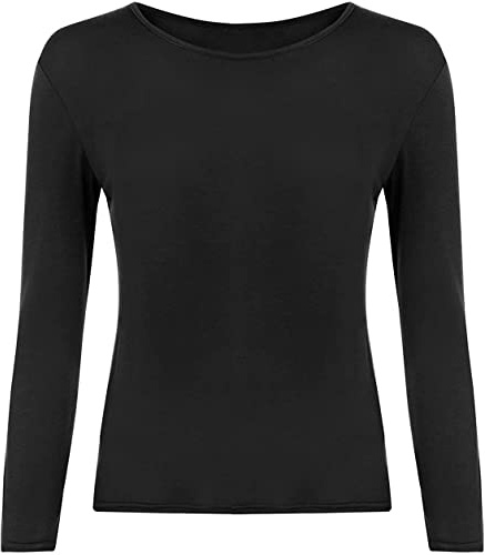 FAIRY BOUTIQUE Womens Plain Long Sleeve Stretchy T Shirt Kids Round Scoop Neck Casual Wear Top (Black UK 24-26)