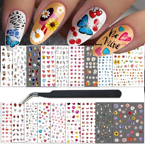 ATYDKUG 18 Blätter Selbstklebend Nagelsticker Herbst, Halloween Blume Nagelaufkleber Nagelkunst für Frauen Mädchen Kinder Dekoration, Nageldesign Nageltattoos 1000+ Stück