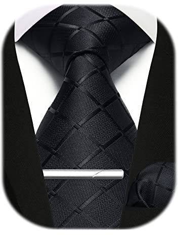 Enlision Krawatte Schwarz Herren Karierte Krawatten & Einstecktuch krawattenklammer Set Männer Business Krawatte Taschentuch Krawattennadel,Schwarz,Einheitsgröße