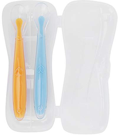 Cuillères pour Bébé, 2PCS Cuillère en Silicone Cuillères Souples pour Bébé Cuillères à Pointe pour Bébés de Plus de 4 Mois avec Boîte(Jaune et Bleu)