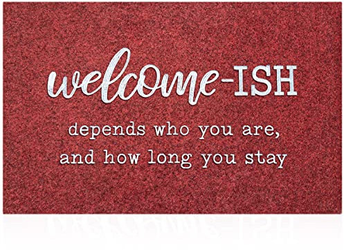 JJUUYOU Welcome Mat Low Profile Floor Mat Front Doormat, Welcome-ish Indoor Outdoor Door Mats Non Slip Absorbent Resist Dirt Entrance Doormats for Entryway Patio, Wine Red