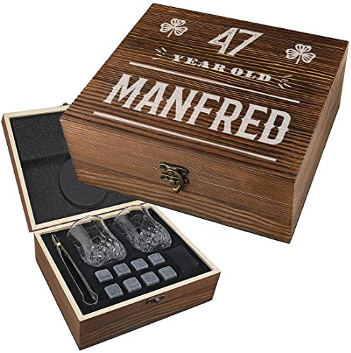 7-TLG Whisky Holzkiste Set mit Gravur - Motiv Kleeblatt - mit personalisierte Holzbox - 2X Gläser, 9X Kühlsteine, 1x Beutel, 1x Zange - von Hand veredelt - Geschenk für Männer - Geburtstag