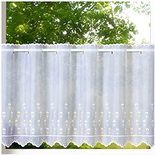heimtexland ® Scheibengardine Voile Stickerei Tulpe Transparent Deko Gardine Landhaus Bestickt Fensterdekoration BistrogardineTyp818 Weiß - Ecru HxB 45 x 148 cm