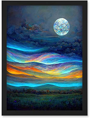 Doppelganger33 LTD Full Moon Aurora Sky Modern Landscape Artwork Framed Wall Art Print A4