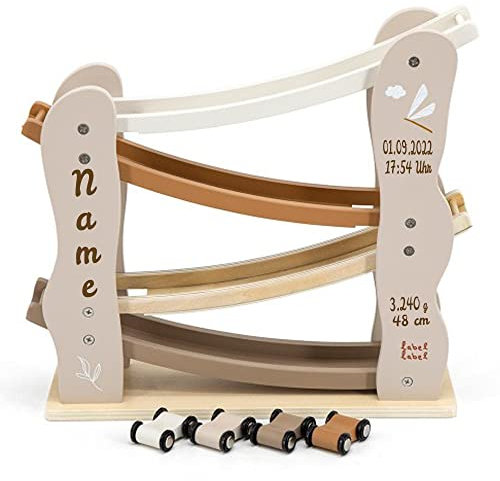 Autobahn Kugelbahn aus Holz beige personalisierbar mit Name und Geburtsdaten Baby Geschenk mit Gravur