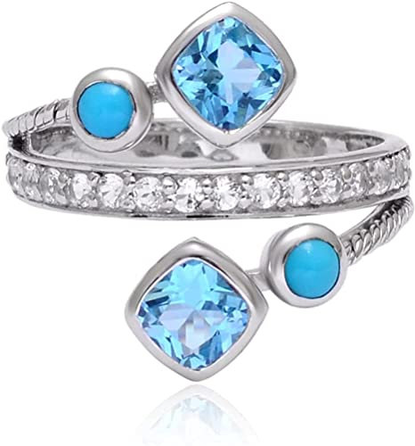 Schweizer blauer Topas, Dornröschen Türkis, weißer Topas, 925 Sterling Ring, Kissen, runde Form Edelsteinring für Frauen Ringgröße 7 für Geschenkideen für sie